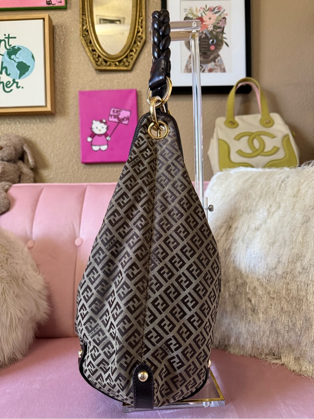 π―Auth! Vintage FENDI ZUCCHINO Shoulder Hobo Bag Canvas w Braided Leather Handle - Picture 2 of 16